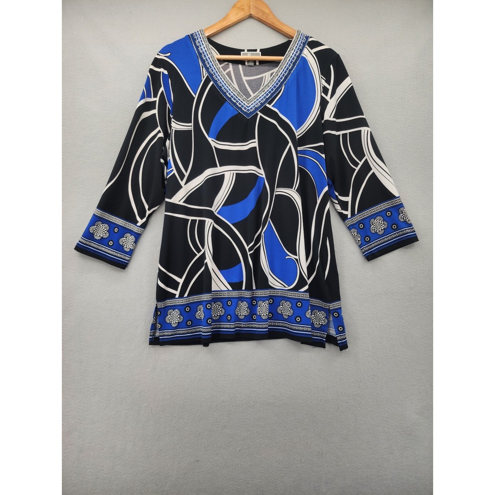 JM Collection Woman Plus Size 0X Tunic Top Blue‎ Black Abstract Greek Key Blouse